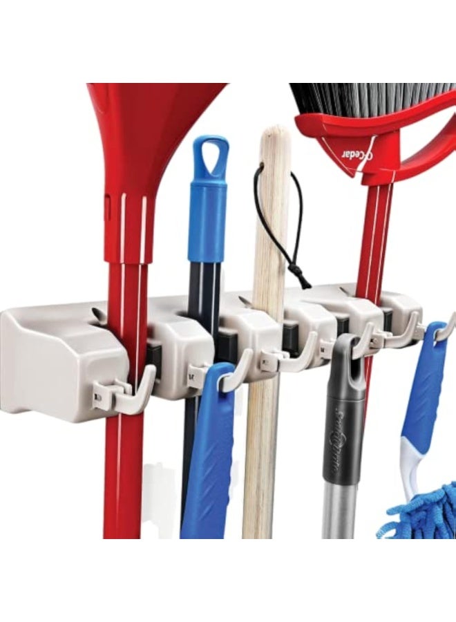 Plastic Mop & Broom Holder Wall Mount, 5 Position Organizer with 6 Hooks – Heavy-Duty Garage & Home Storage System - Image 1